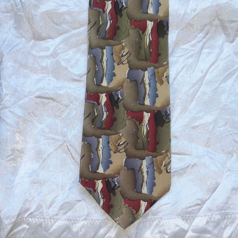 Vintage J. Garcia Red, Cream, Blue, Tan & Green Abstract Design‎ Silk Tie